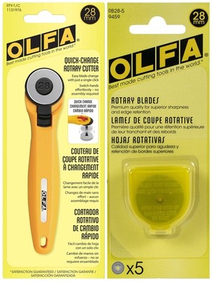 OLFA Rotary Fabric Cutter 28MM with 5 Blade Refill For Quilting, Yellow 