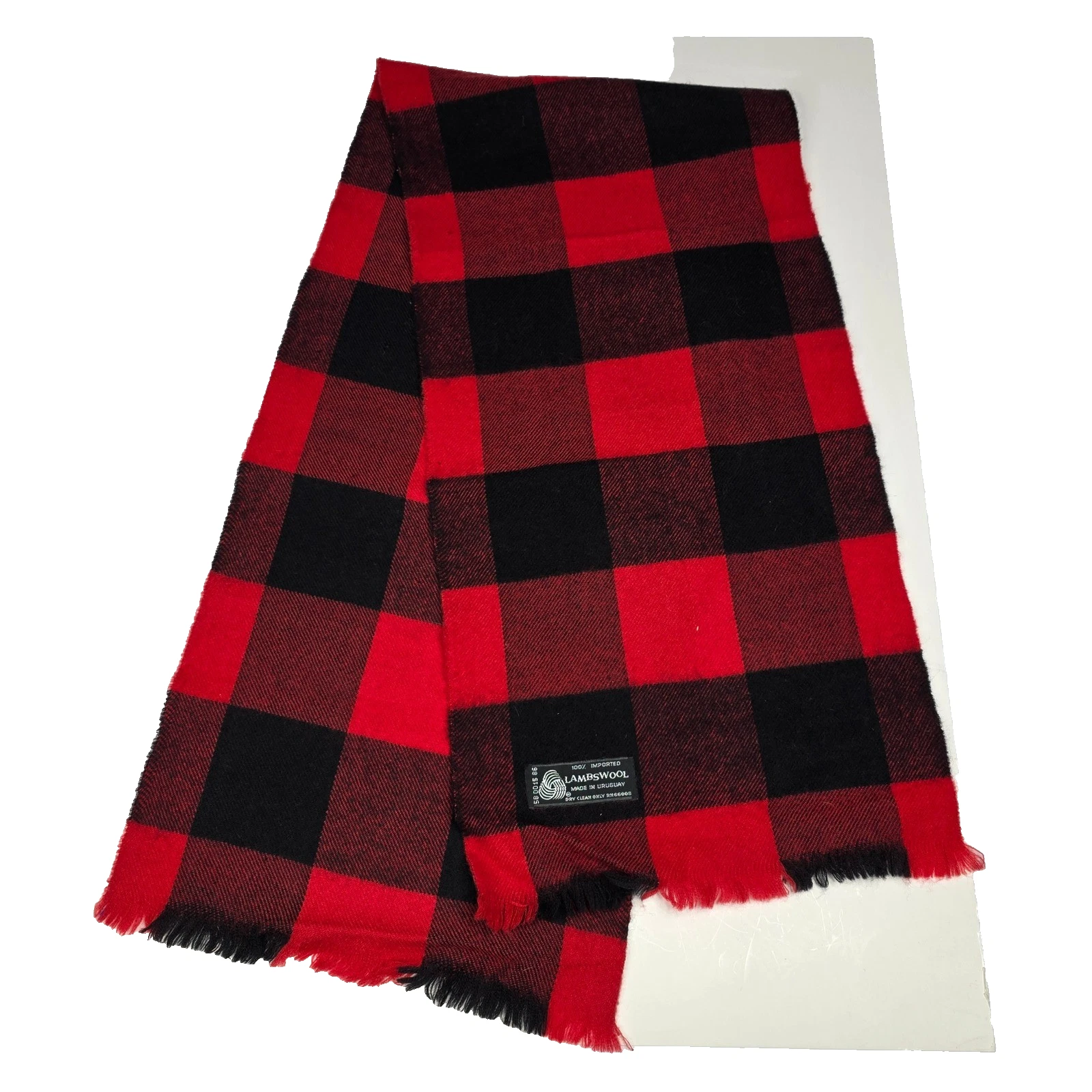 Uruguay 100% Lambswool Scarf Red Black Buffalo Plaid Check Fringe Winter Warm