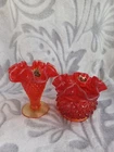 Vintage Fenton Amberina Glass Hobnail Ruffled Trim Trumpet Bud & Bowl Vase Red