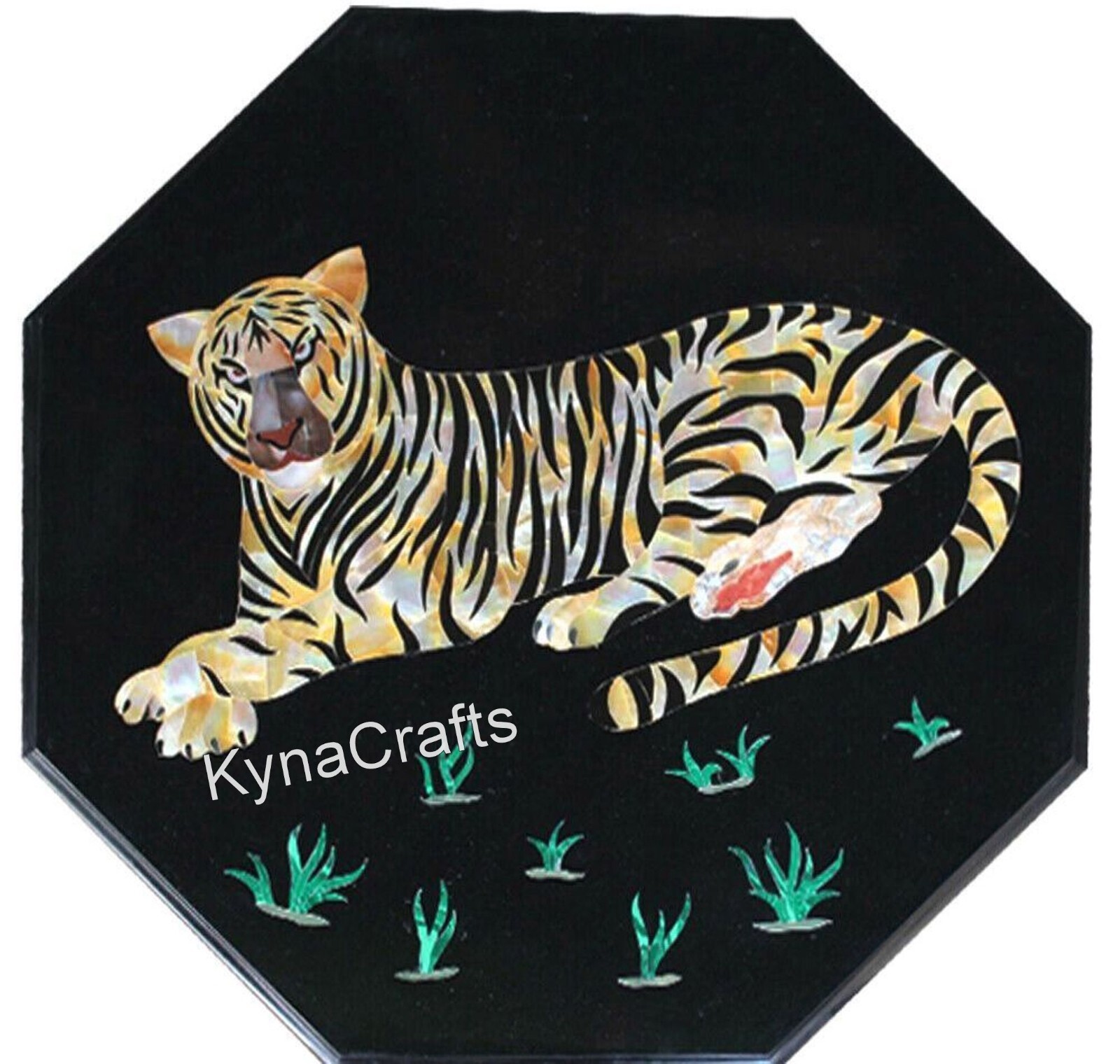 Octagon Black Marble Coffee Table with Tiger Pattern Inlay for Living Room  