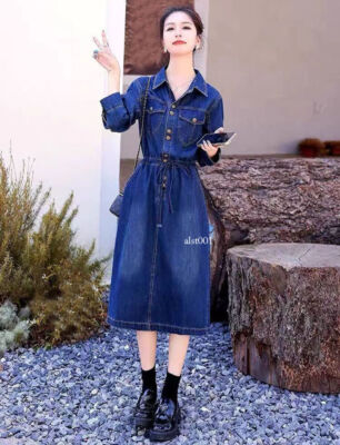 Women's Fashion Denim Slim Shirt Dress Long Belt Long Sleeve Jeans Korean  Dress | eBay