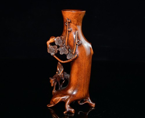 Statua cinese legno di bosso intagliato antico pennello vaso personaggio fiori di prugna - Foto 2 di 9