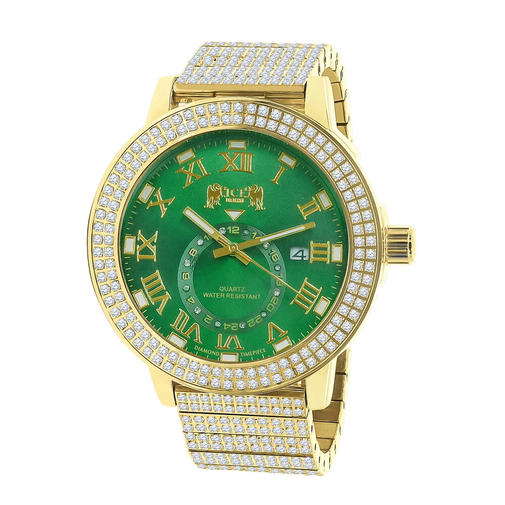 Full Stainless Steel Real Diamond Emerald Green Dial 18K Gold