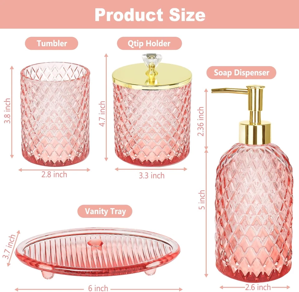 Pink Bathroom Accessories Set,4 Pcs Glass Bathroom Accessory Set Complete w/Soap - Image 3 of 4