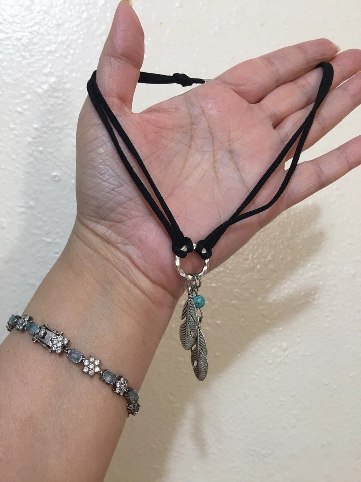 Gargantilla Pluma 14”-16” Collar Corto Turquesa Cuentas Pendientes Conjunto Plata Negro Foto 4 de 4