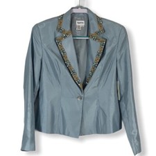 Together Women Blue Beaded Neckline Blazer Jacket Mother Of Pearl Buttons Sz 8