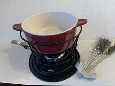 Trudeau Burgundy Ceramic Fondue Pot, Metal Holder, 6 Long Forks & Underplate