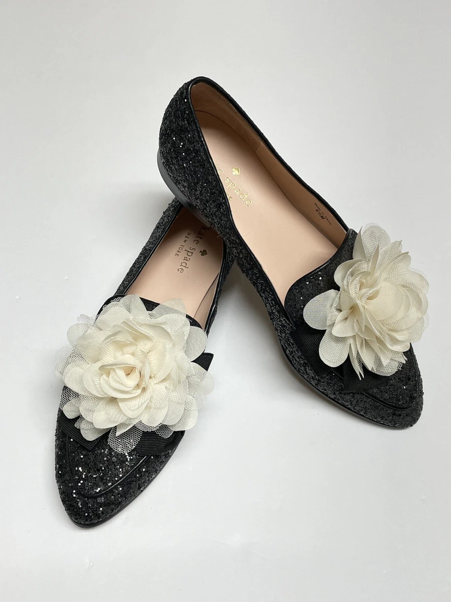 Kate Spade Cinda Glitter Sparkle Black Leather Loafers Flats 6.5 Flower Bow