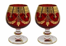 Interglass Italy Set of 2 Crystal Red Cognac Snifters DOF glasses, 24K Gold
