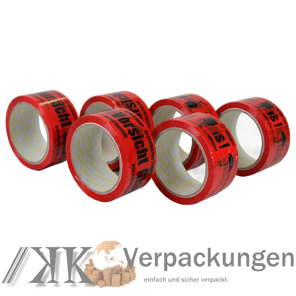 MIDORI © 12 x Midori Klebeband Rot Vorsicht Glas PP Packband Paketband 48 mm x 66 m