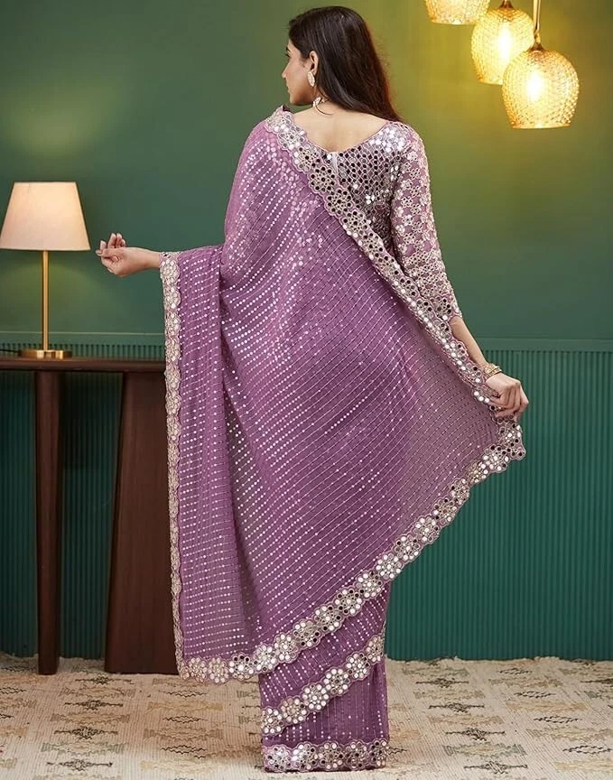 Sari Georgette para mujer con espejo de lentejuelas trabajo y blusa Foto 4 de 4