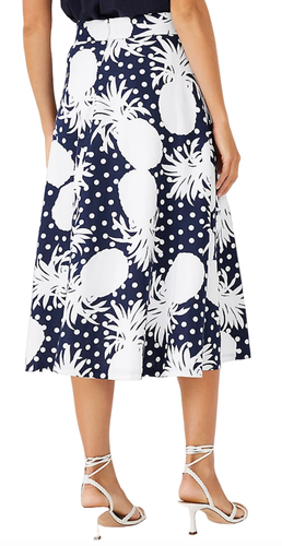 ANN TAYLOR PURE SAPPHIRE BLUE WHITE PINEAPPLE LINEN BLEND BUTTON MIDI SKIRT SZ 4 - Picture 3 of 10