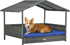 PawHut Wicker Dog House Outdoor with Canopy,Water-Resistant Cushion,Dark Blue