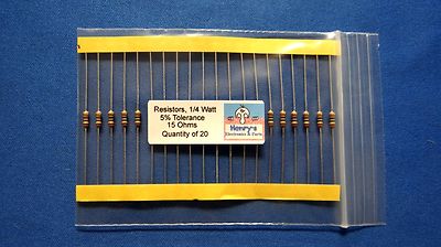 Resistors, carbon film, 1/4 watt, 5%, axial leaded, 15 Ohm - QTY of 20