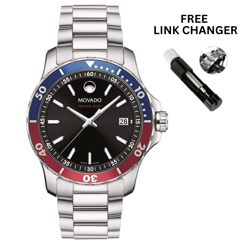 Movado Series 800 Quartz Black Dial Pepsi Bezel Stainless Steel