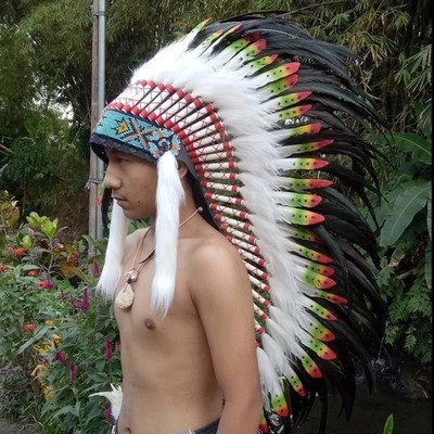 Handmade White Feather Native Chief Warbonnet Headdress Hat for Costume&Cosplay