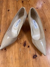 Jimmy Choo London Aza Nude Patent Leather Pointed Toe Kitten Heel Pumps 38 Shoes