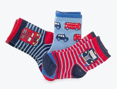 3er-Pack Baby Jungen Socken Cotton Rich Busse Autos Motiv rot & blau gestreift - Alter 2-3 Jahre