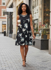 Cynthia Rowley Women S Black Floral Sleeveless Swing Knee Length Dress Pockets