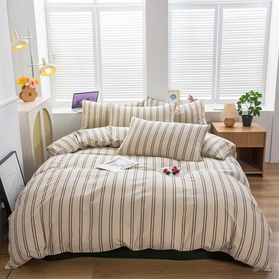 Washed Cotton Duvet Cover Queen Size Mucalis Beige with Green Striped Pattern
