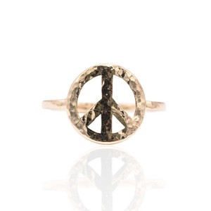 Hammered Peace Sign Ring 14K Yellow Gold Size 9 (Larrea Original)