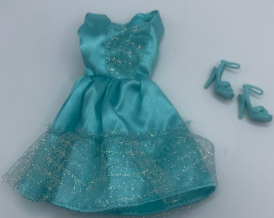 90s Vintage Barbie Fashion Pack Outfit Shiny Blue Aqua Dress VERY GOOD COLOR