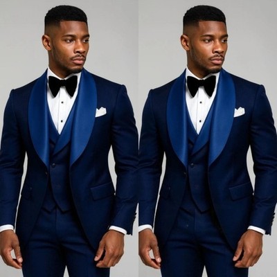Drei Stück Mode Blau Herren Anzüge Schal Revers Formell Hochzeit Bräutigam Smoking 