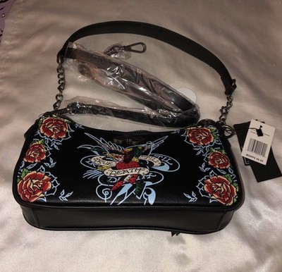 Ed Hardy Black Faux Leather Til' True Death Rhinestone Tattoo