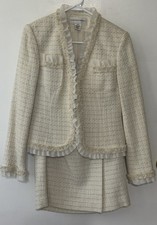 Jones New York Tweed Skirt Suit Set Cream Ruffle Sophisticated Size 4 Vintage