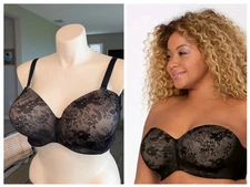 CURVY COUTURE 44DD Black Lace Strapless Sensation Multi-Way Push-Up Bra