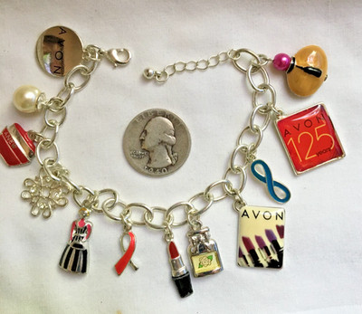 AVON REP BRACELET- 12 CHARMS  7.5'' Silvertone & Enamel - Very Nice
