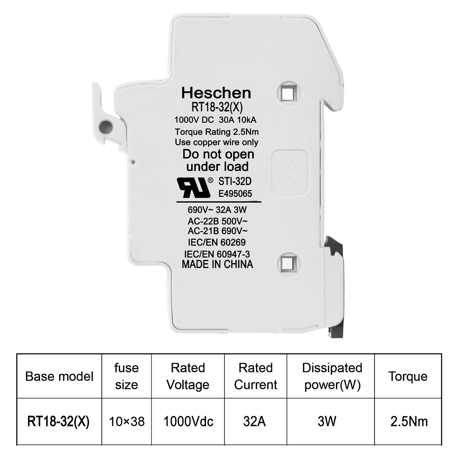 Solar PV Fuse Holder RT18-32X DC1000V 32A 2-Pole for 10x38mm Fuse DIN Rail