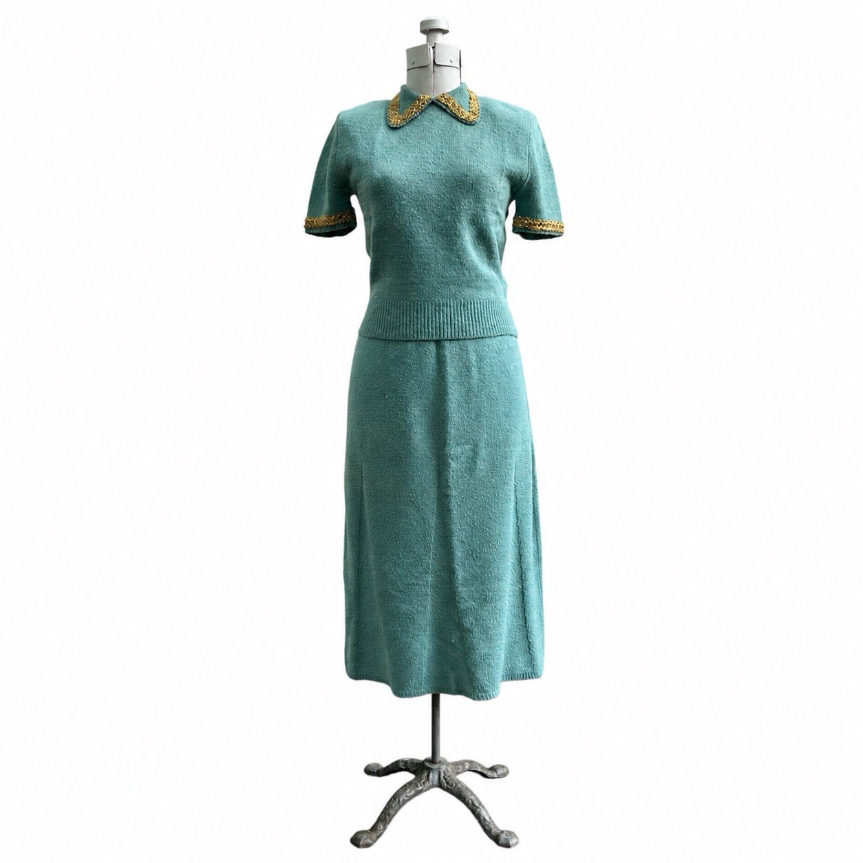 Conjunto de falda suéter tejida de lana turquesa Rosanna vintage años 50 ribete dorado talla pequeña