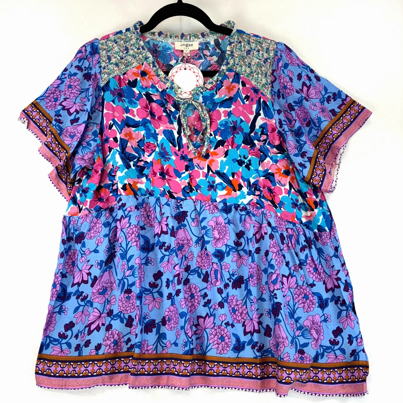 Umgee L Boho Top Periwinkle Blue Floral Smocked V-Neck Rayon Blouse Short Sleeve