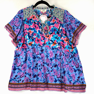 Umgee L Boho Top Periwinkle Blue Floral Smocked V-Neck Rayon Blouse Short Sleeve
