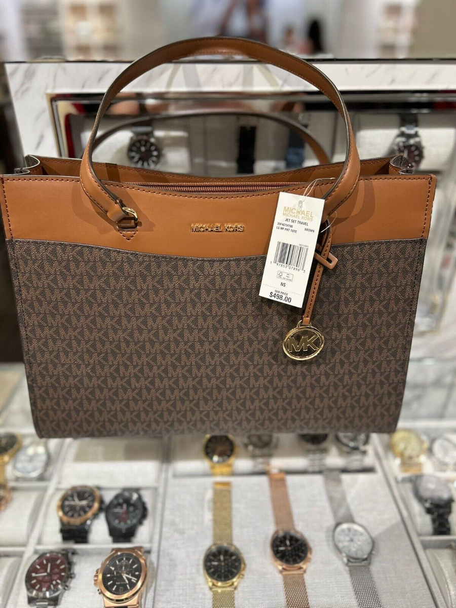 Michael Kors MK Signature Large Brown Tote Bag Handbag Purse +