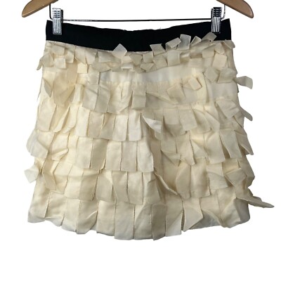 J. Crew Collection Mini Skirt Size 0 Cream Silk Tiered Frills Black Waistband