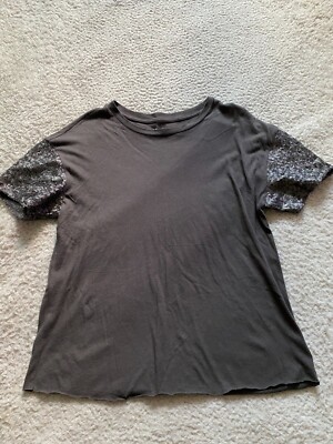 American Eagle Women Sequin Short Sleeve T-Shirt Charcoal Size S
