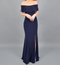 $249 Xscape Women's Navy Blue Off The Shoulder Rhinestone Gown Dress Size 10
