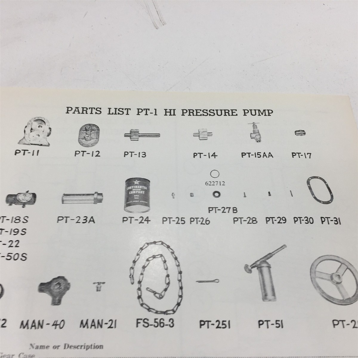 Vintage 1975 Continental Belton PT-1 High Pressure Pump Parts List