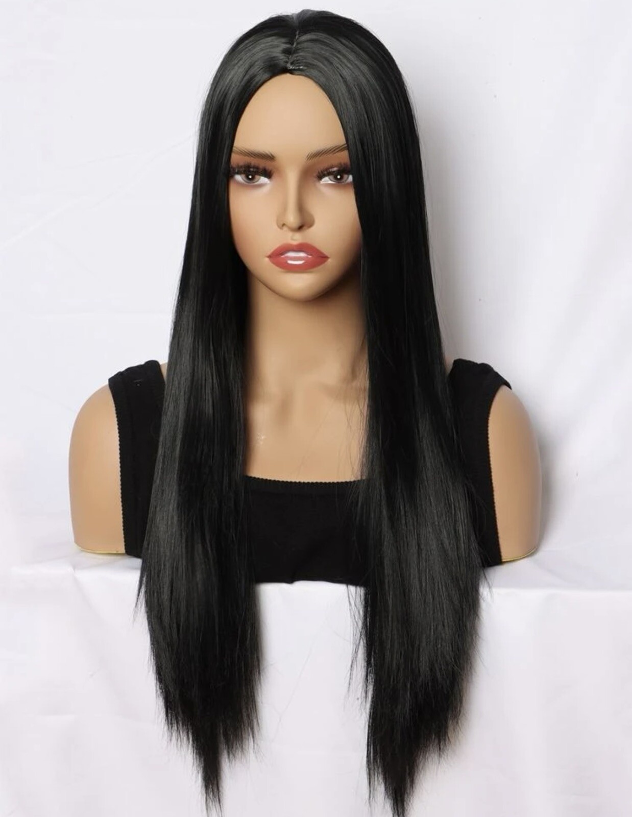 Perruque noir longue synthétique au style naturel, cheveux lisses anti-nœuds avec 4 bonnets