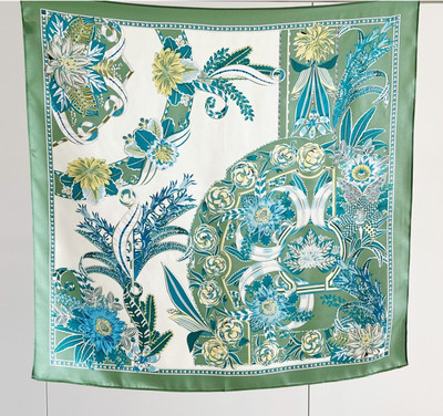 100% mulberry silk brocade green printed square scarf shawl 65cm