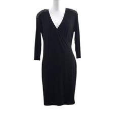 Calvin Klein Black Sequin Shoulder Sheath Dress Womens 8 3/4 Sleeve LBD