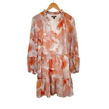 Express Womens Floral Ruffle Neck Tiered Mini Dress Sz Large Grey Pink Chiffon