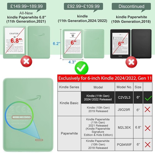 COBAK HÜLLE FÜR 6" KINDLE 11. GEN 2024 & 2022 LEDER AUTO SCHLAF/WACH BLAU - Bild 3 von 12