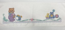 Vintage Finished Cross Stitch Crib Sheet "Bear, Toys and Ribbon" 47" x 35" 
