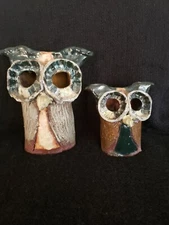 Set of 2 Handmade Owl Pottery Art Craft Clay Figurines