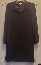 Nine West black pleated poly overlay LS collared swing lined dress Sz M