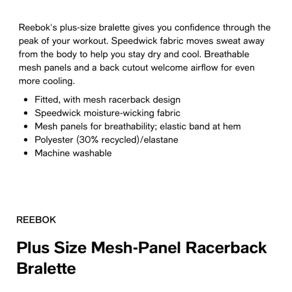 Sujetador deportivo Reebok nuevo con etiquetas para mujer talla grande 2X panel de malla negro espalda deportiva Foto 3 de 4