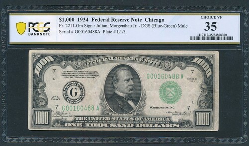 1934 $1000 One Thousand Dollar Bill Currency Cash Note PCGS-B VF 35 Comment